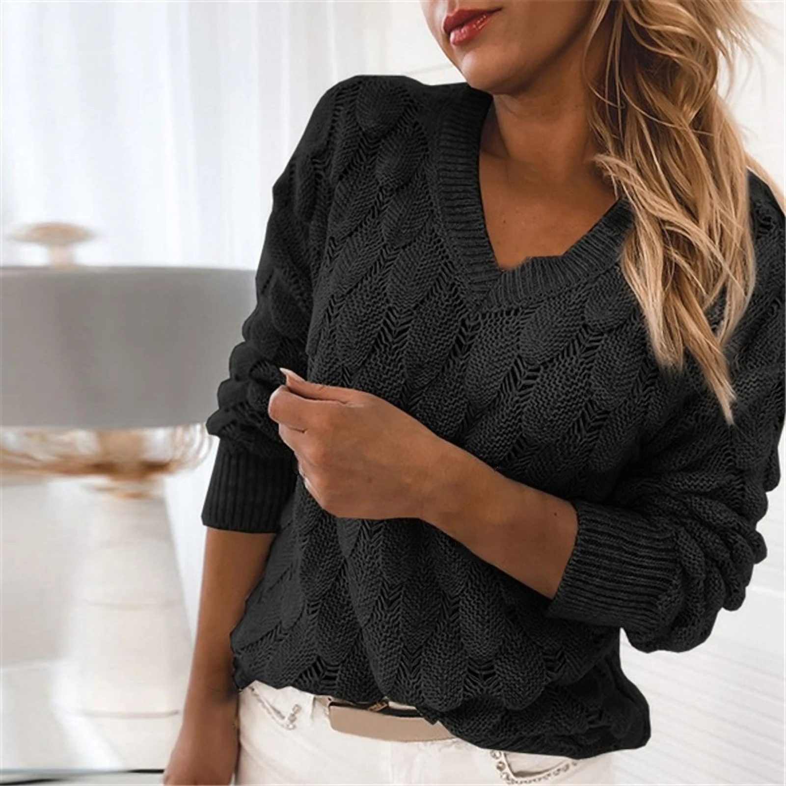 Элегантный вязаный Свитер оверсайз теплый детский пуловер с треугольным вырезом