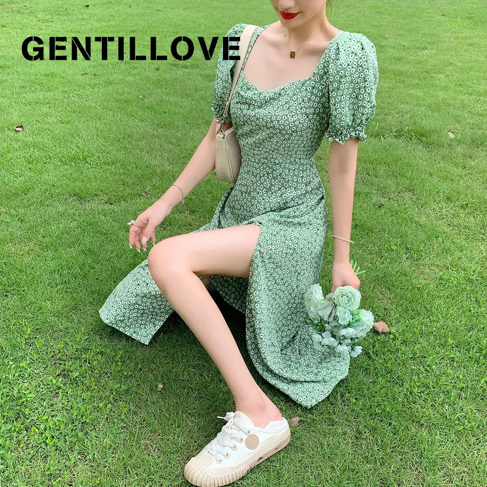 

Gentillove Women High Waist Summer Short Sleeve Printing Square Collar Puff Sleeve Split Elegant Party Club Sexy Long Dress