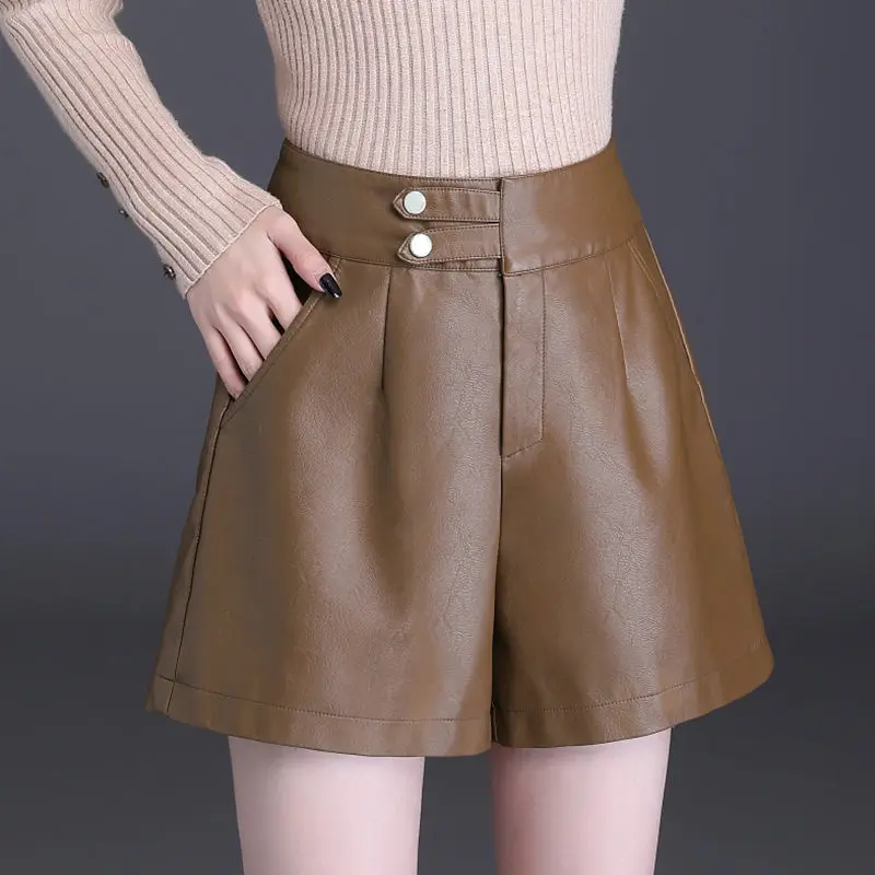 

Кожаные шорты, весна-осень, новинка 2021, модная женская Свободная универсальная верхняя одежда с высокой талией, широкие сапоги-шорты А-силуэ...