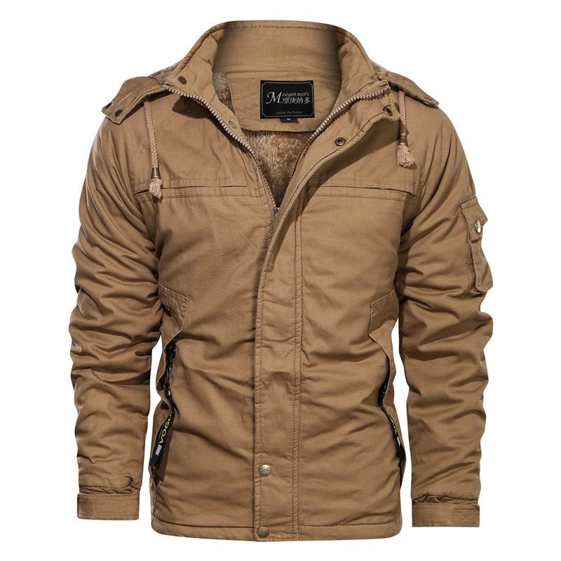 

2021 Men Winter Casual Warm Thick Fleece Bomber Jacket Mens Military Cotton Jackets Men New Cargo Hooded Jacket Windbreaker Coat