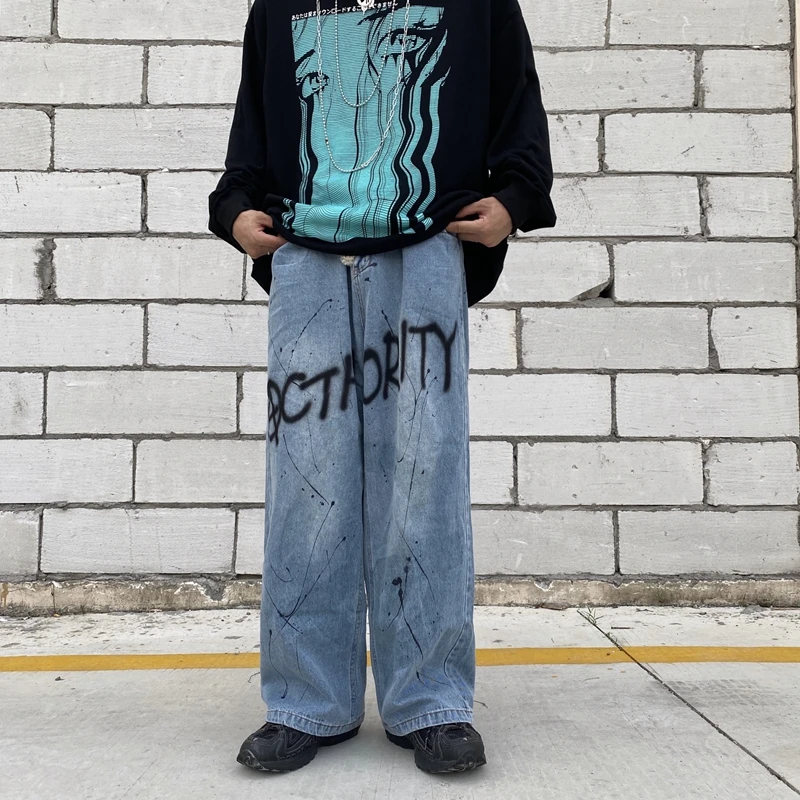 

UNCLEDONJM Hand-painted graffiti jeans mens street wear Distressed straight leg jeans men clothing 2021 baggy jeans u2020