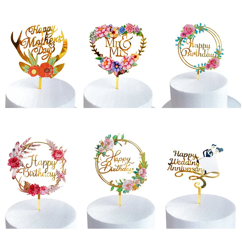 

New Colored flowers Happy Birthday Cake Topper Golden Acrylic Birthday party Dessert decoration For Baby Shower Baking Supplies