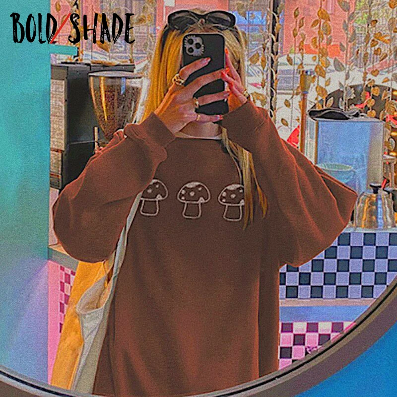 

Bold Shade Indie Aesthetic Y2K Sweatshirts Mushroom Rhinestone Long Sleeve Oversize Tan Hoodies Cute Casual Women Sweatshirt New