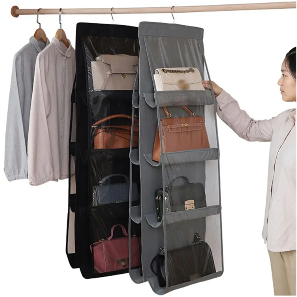 6/8Pocket Hanging Handbag Organizer for Wardrobe Closet Transparent Storage Bag Non-woven Holder PVC with Hanger | Дом и сад