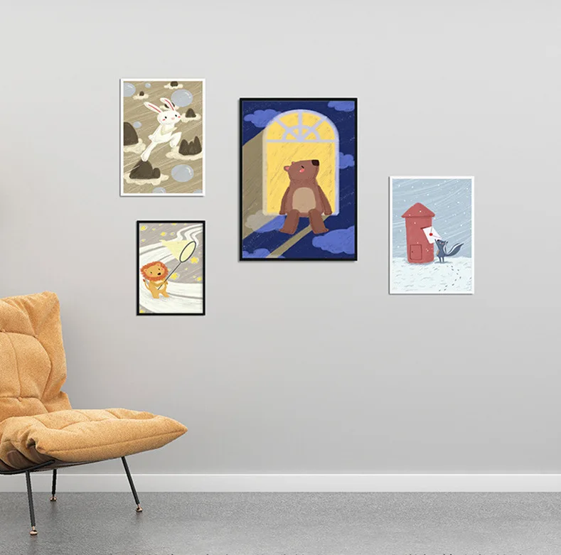 Cute Cartoon Animal Scene Decorative Painting Children's Room Living Bedroom Mural Lion Fox Nursery Baby Decor | Дом и сад