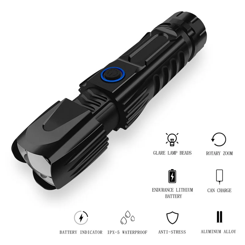 

Ultra Bright Camping Light XHP90 Glare LED Flashlight Telescopic Zoom USB Charging 5 Modes Safety Hammer Waterproof Lamp Lantern