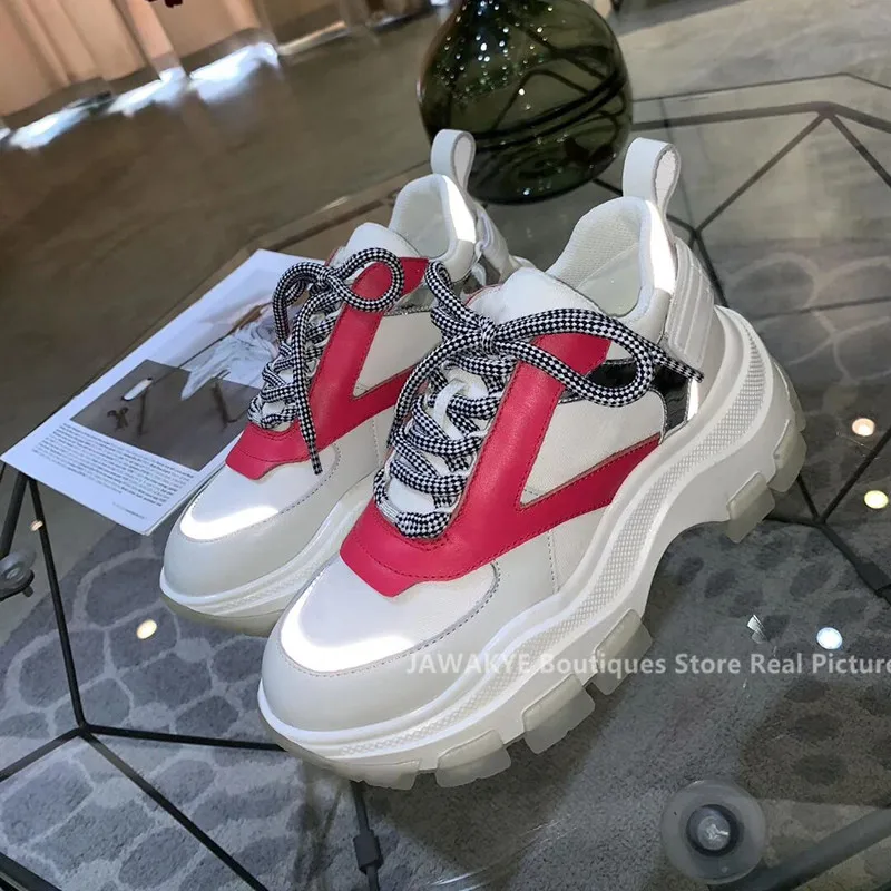 Кроссовки женские из натуральной кожи повседневная обувь на платформе блестящие