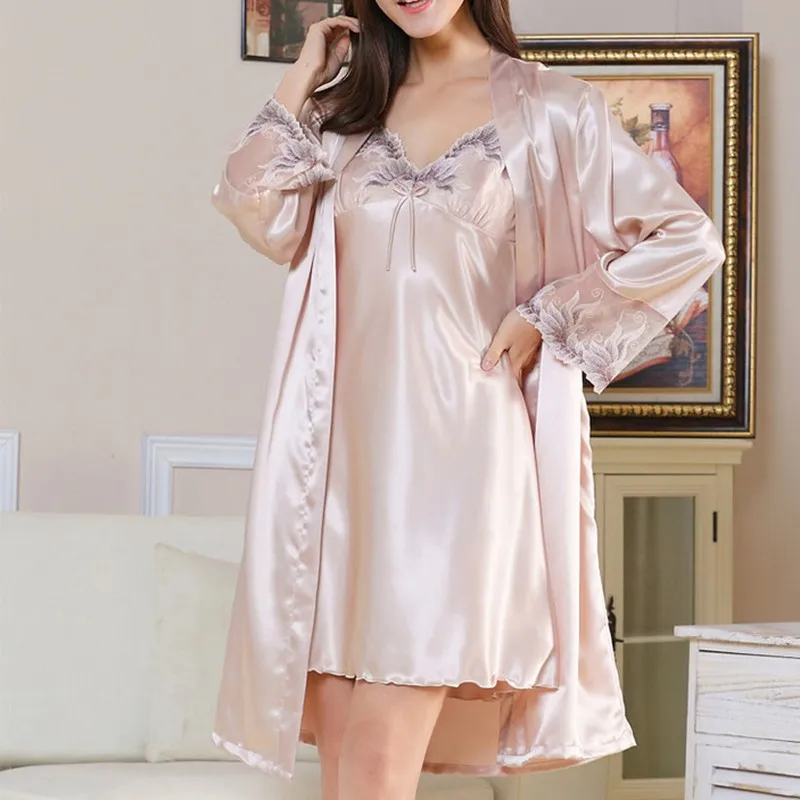 

Комплект женский атласный с кружевной отделкой, комплект одежды для сна цвета шампанского, кимоно, халат, Повседневная Домашняя одежда, вес...