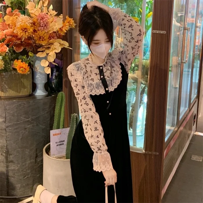

Fall 2021new High Waist Lace Floral Stitching Dress Women's French Retro High Sense Temperament Dress