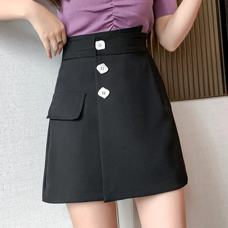 

New Summer Women High Waist Asymmetrical Mini Skirts Casual Female Solid Color A-line Single Breasted Short Skirt