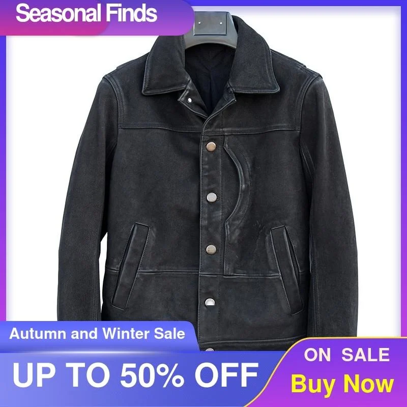 

Black 2021 Casual Style Genuine Leather Jacket Men Single Breasted Large Size 4XL Real Natural Cowhide Spring Slim Fit Coat