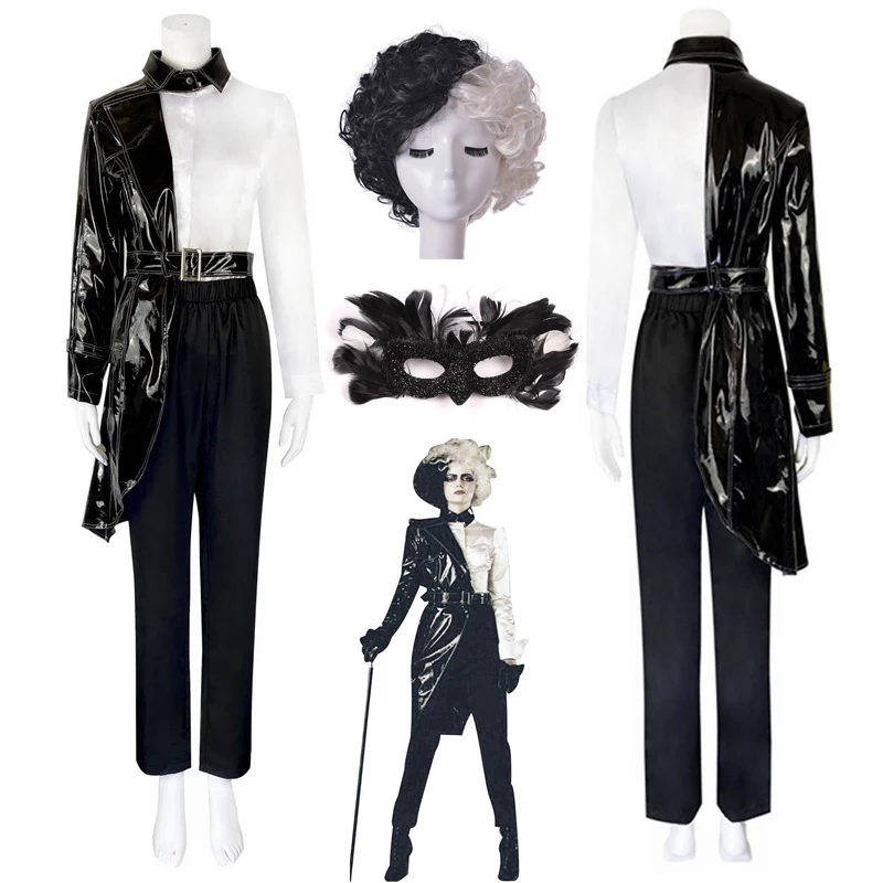

Cruella De Vil Cosplay Costumes Leather Jacket Black White Uniform Suits Women Girls Cruella Role Play Costume For Halloween