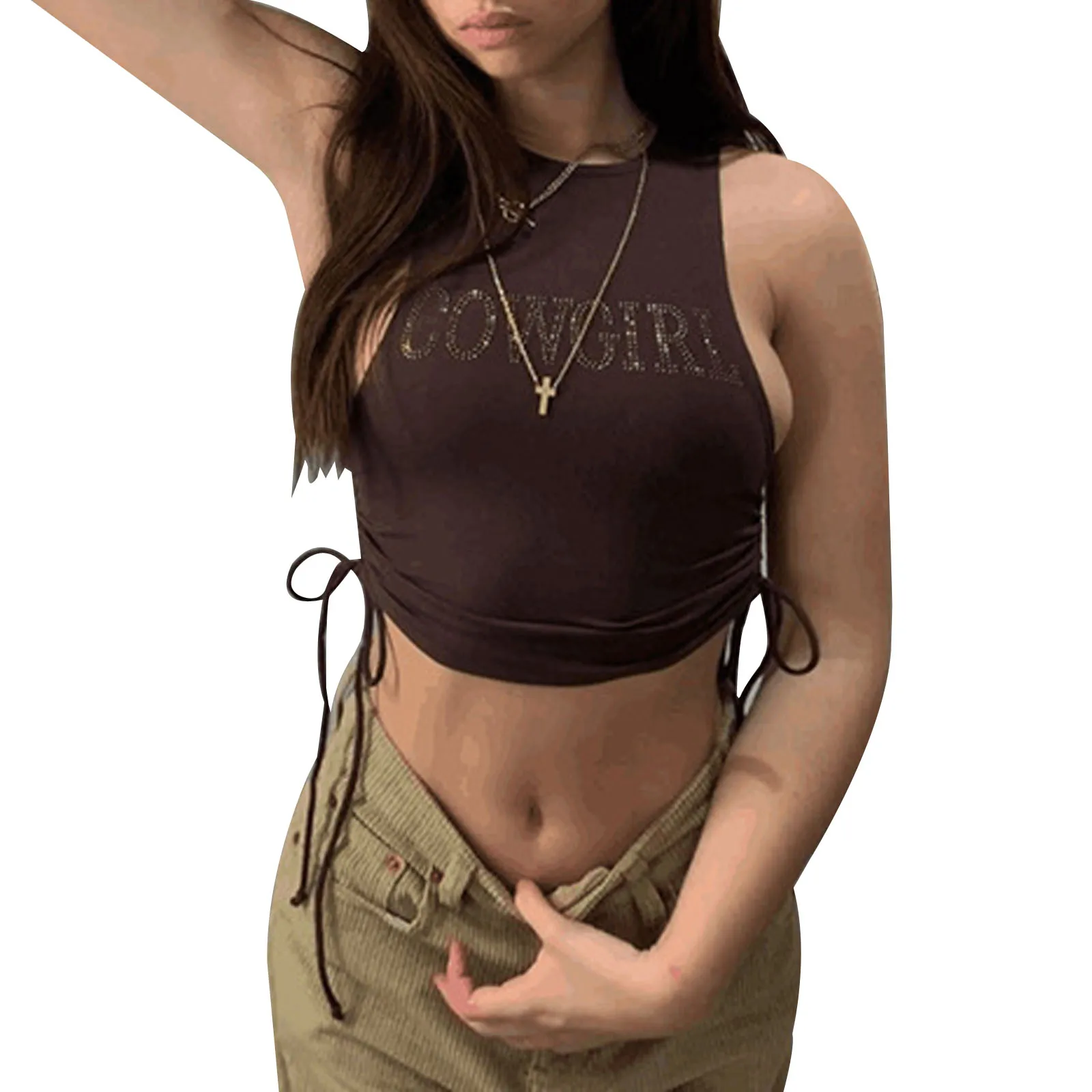 

2021 New Women's Sleeveless Crop Tops, Casual Rhinestone Letter Print Drawstring Ruched Tank Tops