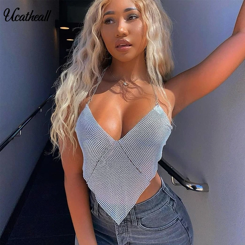 Блестящий блестящий хрустальный укороченный топ с открытой спиной для вечеринки