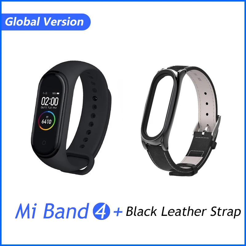 GB add Black Leather Xiaomi Mi группа 3 4 глобальная Версия смарт-Браслет фитнес-браслет часы 3 большой сенсорный экран сообщение время сердечно - Цвет: GB add Black Leather