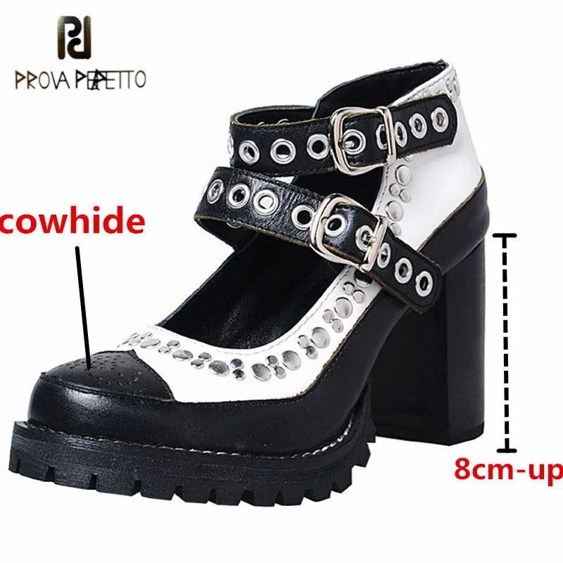 

Prova Perfetto Genuine Leather Rivet Women's Ankle Boots Mixed Colors Round Toe High Heels Buckle Strap Platform Lady Boots 2021