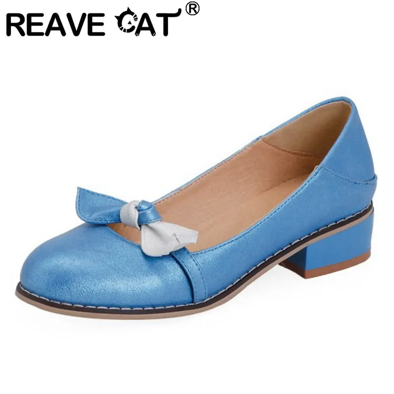 

REAVE CAT New 2021 Women Pumps Round Toe 3.5cm Block Heels Slip-On Bowtie Soft Comfy Student Big Size 30-48 Casual Blue A3914
