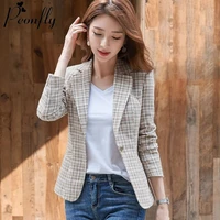 peonfly women elegant plaid blazer long sleeve single button slim checked coat formal office work jacket outerwear pink blue