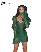 top quality green long mesh sleeve cute bodycon dress club party dress
