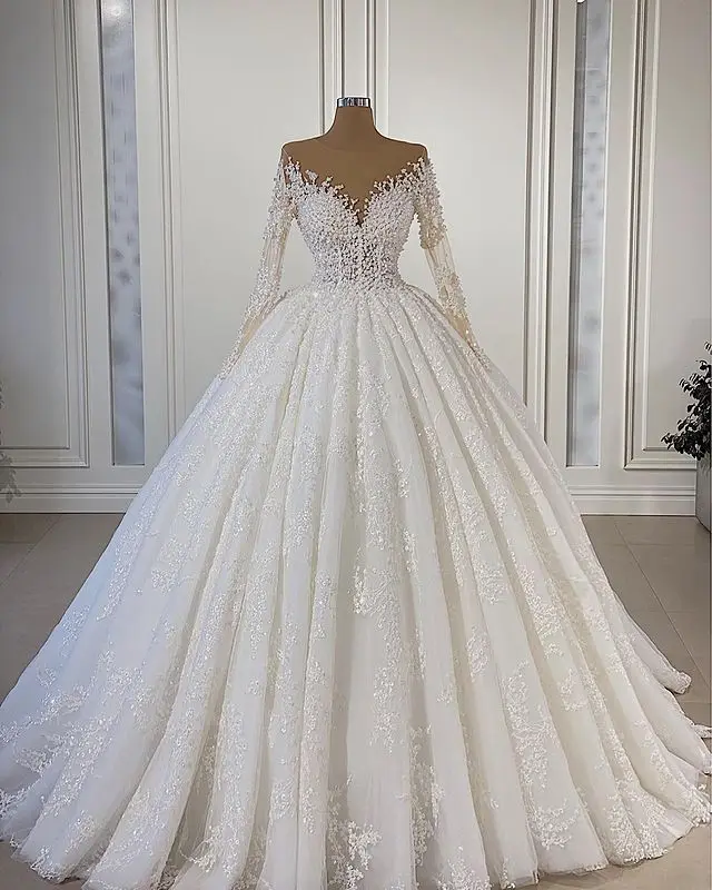 Sexy Illusion Tulle Long Sleeve Ball Gown Wedding Dress 2021 Robe de Mariee Luxury Beads Lace Wedding Gowns Vestido de Noiva