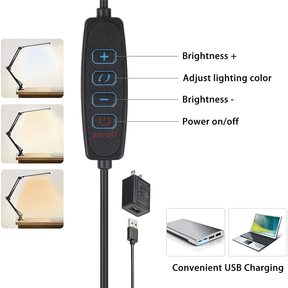 

10W Led Desk Lamp Reading Lights Metal Swing Arm Table Lamp with Clamp Dimming 3 Colors Night Lights for Living Room USB Plug