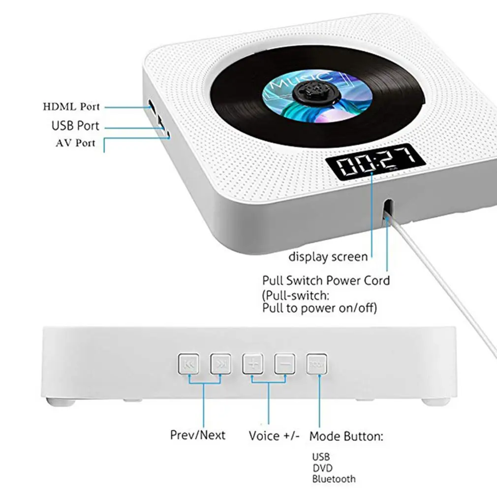 

Portable DVD / CD Player BT Wall Mountable CD Music Player with Remote Control for TV Home CD Boombox