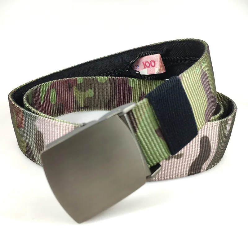 Men's Camouflage Pattern Nylon Hidden Money Belt Outdoor Tactical 38MM Camouflage Hidden Wallet Safe Quick Release Zipper Belt