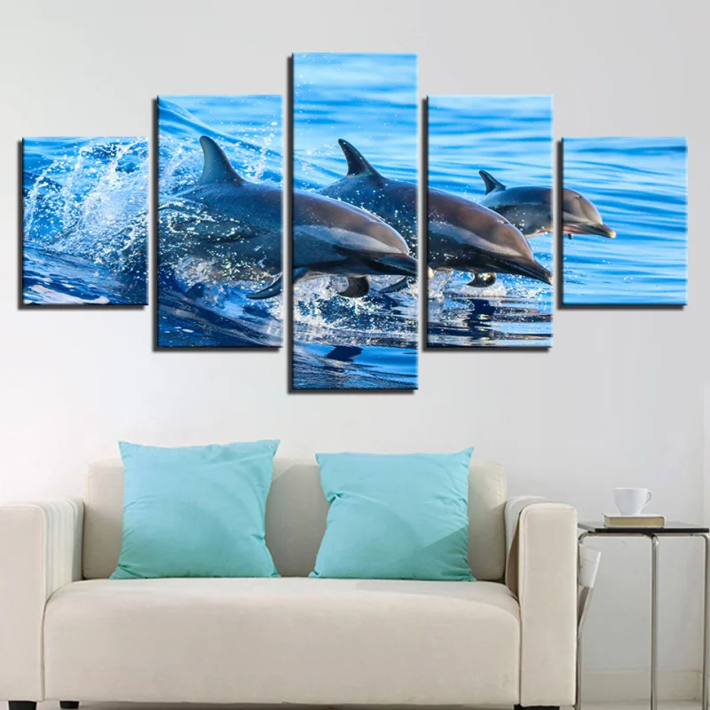 

Marine Animal Hd Photography Art Wall Painting Jumping Dolphin 5Pcs Home Decoration Frameless Canvas Print Poster