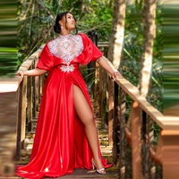 2021 sexy red aso ebi prom dresses wtih high slit crystals waist sequins beaded front chiffon long party prom gowns plus size