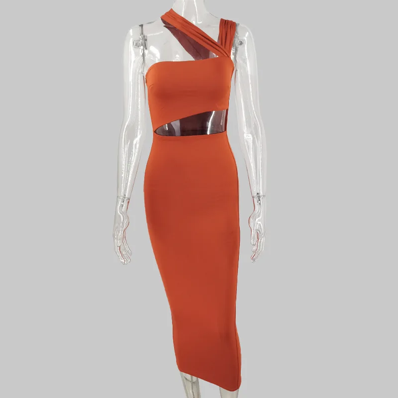 

MSXU 2020 Autumn New One-shoulder Tube Top Mid-length Solid Color Dress Women