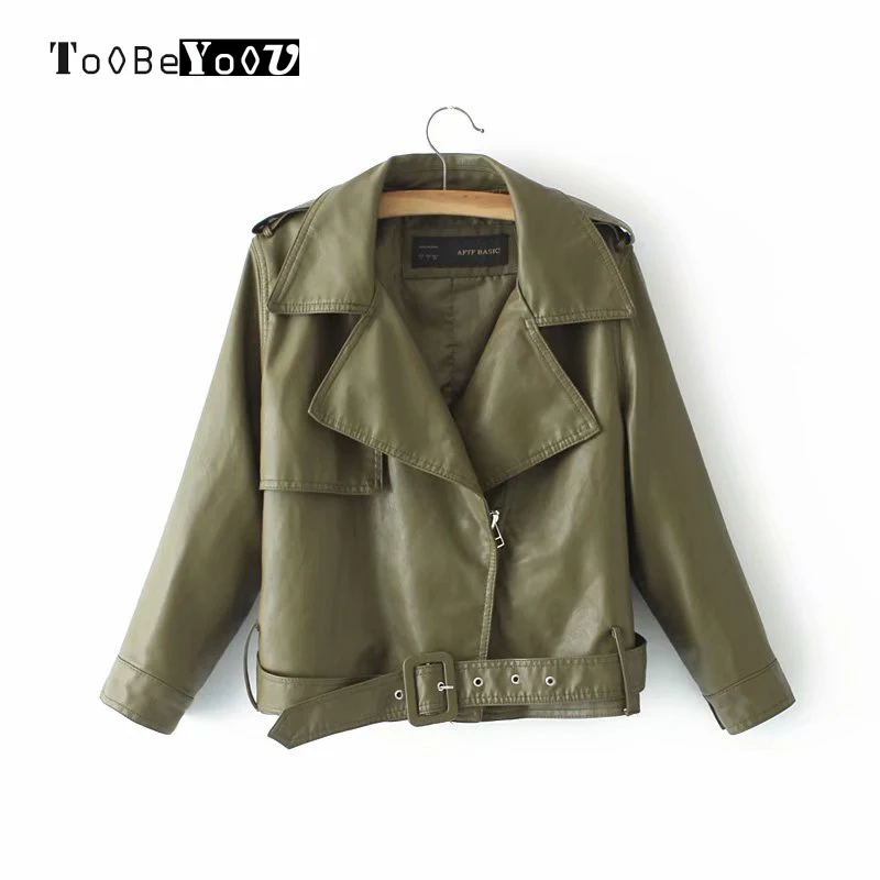 Женская куртка из искусственной кожи с длинными рукавами кожаная Осенняя