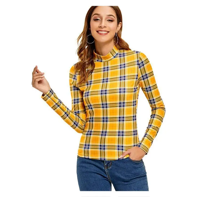 

Plaid Long-Sleeved Pullover T-shirt Slim-Fit Bottoming Shirt 2020 Fashion New Style