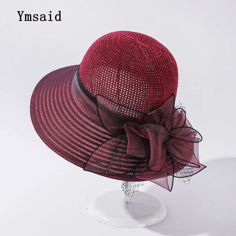 

2021 New Church Hats For Women Wide Brim Silk Flower Bucket Hat Summer Sun Protect Hat Elegant Fedoras Wedding Sea Beach Hat