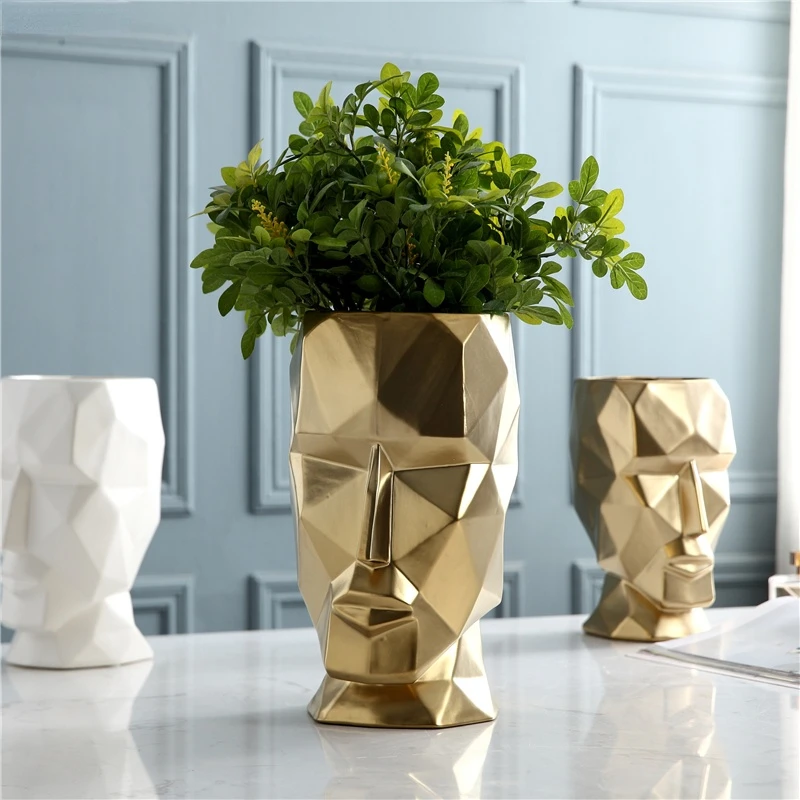 

Nordic Geometric Origami Ceramic Vase Abstract Golden Head Flower Arrangement Craft Statue Home Decoration