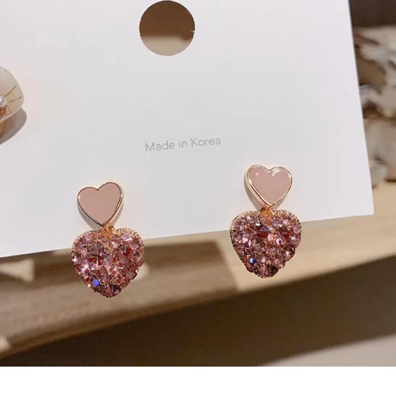 

Korea Pink Love Heart Flash Rhinestone Heart-shaped Stud Earrings For Women Girls Net Red Earrings Brincos Jewelry Party Wedding