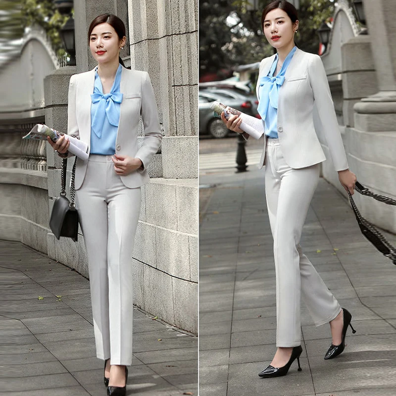 Женский деловой костюм со штанами черный абрикосовый формальный длинный рукав