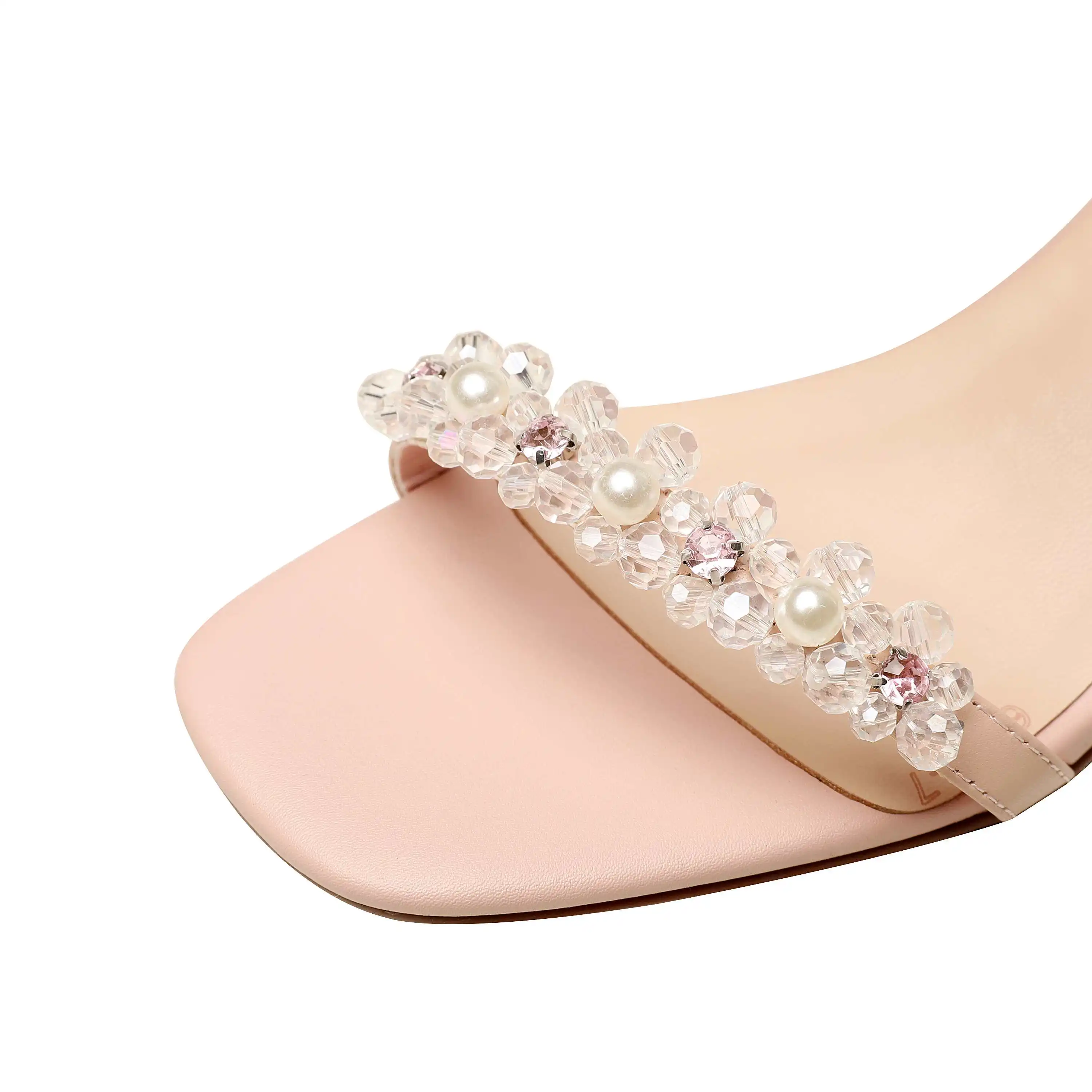 

Vichelo Hot plus size genuine leather square toe high heels french pearl crystal heel sweet girl buckle straps women sandals L28