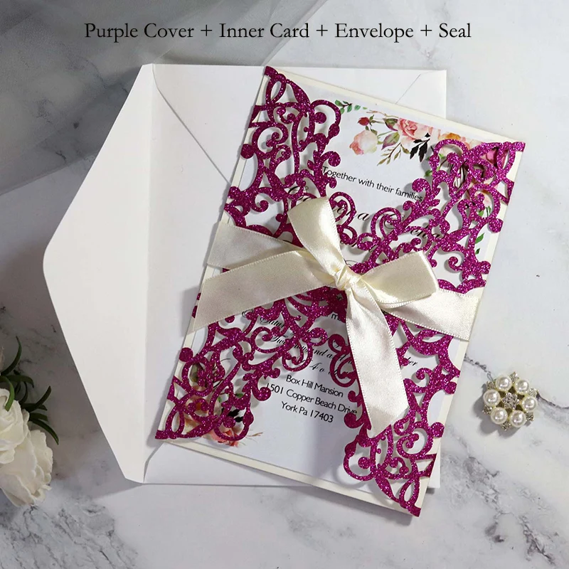 One Purple Set 1 шт. золотисто-синяя Серебристая блестящая бумага лазерная резка свадебные пригласительные открытки с лентой индивидуальный Свадебный декор вечерние принадлежности - Цвет: One Purple Set