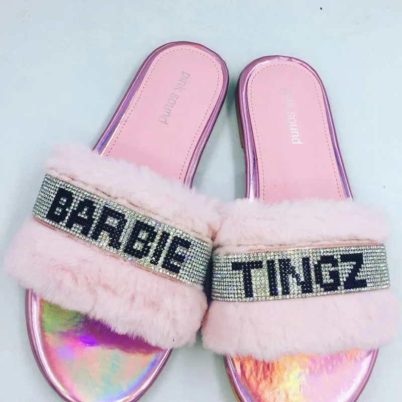 Летние женские шлепанцы Меховые с лисьим мехом Домашние цветные меховые