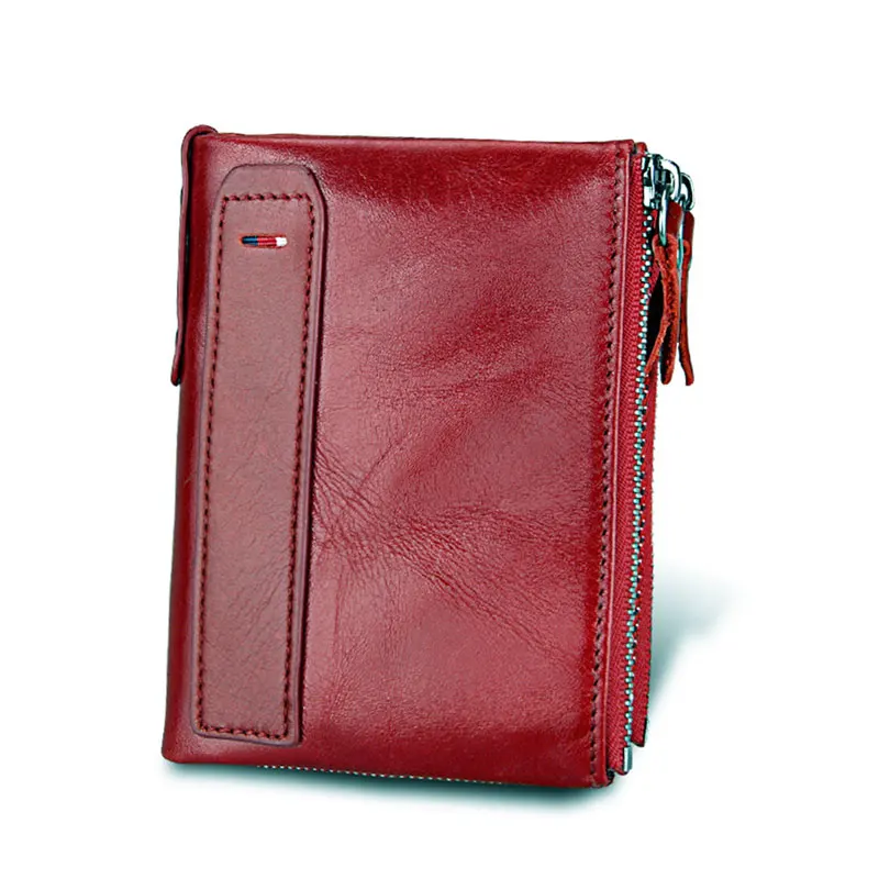 Red RFID, Винтажный Мужской кошелек из натуральной кожи, женские кошельки, Женский двойной кошелек, двойная молния, дизайн с карманами для монет - Цвет: Red