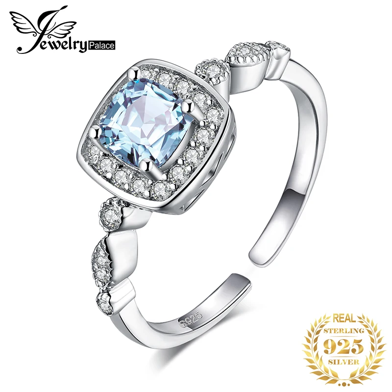 JewelryPalace 0.9ct Подушка подлинный синий топаз фианит огранки «маркиза» Halo Регулируемый Обручение кольца 925 пробы серебро