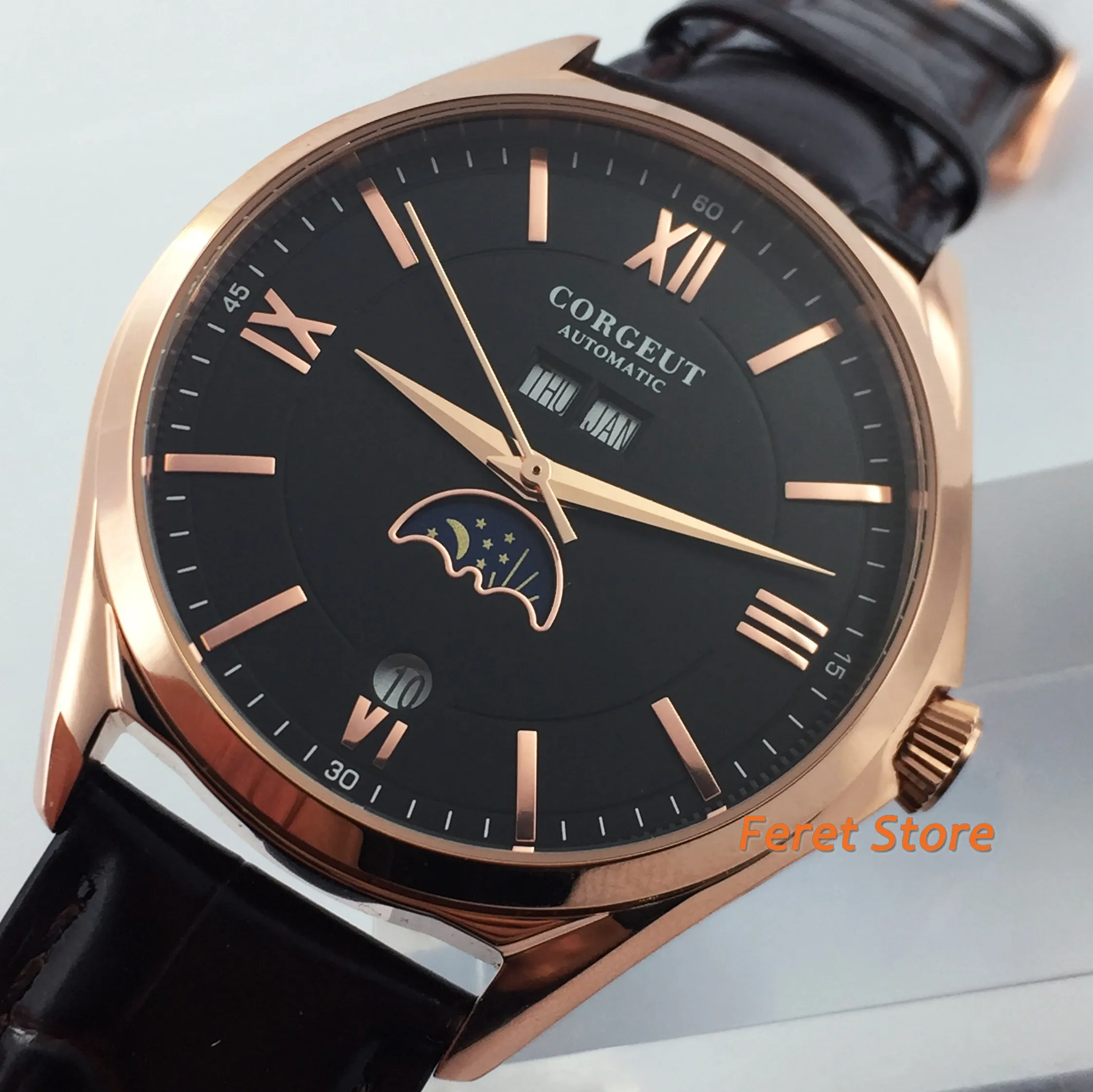 Corgeut Роскошные мужские часы 41 мм золотой чехол черный циферблат дата кожаный