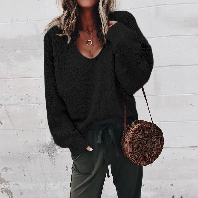 Loose women jumper spring autumn oversized knitted sweaters and pullovers thin black long sleeve ladies sweater DR2250 | Женская одежда