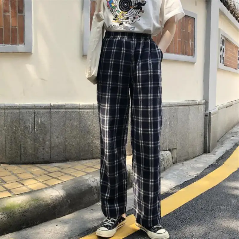 Брюки женские клетчатые в стиле ретро с карманами и эластичной резинкой на талии