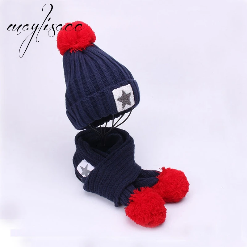 Maylisacc 7 цветов зима теплая вязаная шапка Кепки с шарфами утолщенной шерсть для 3 до