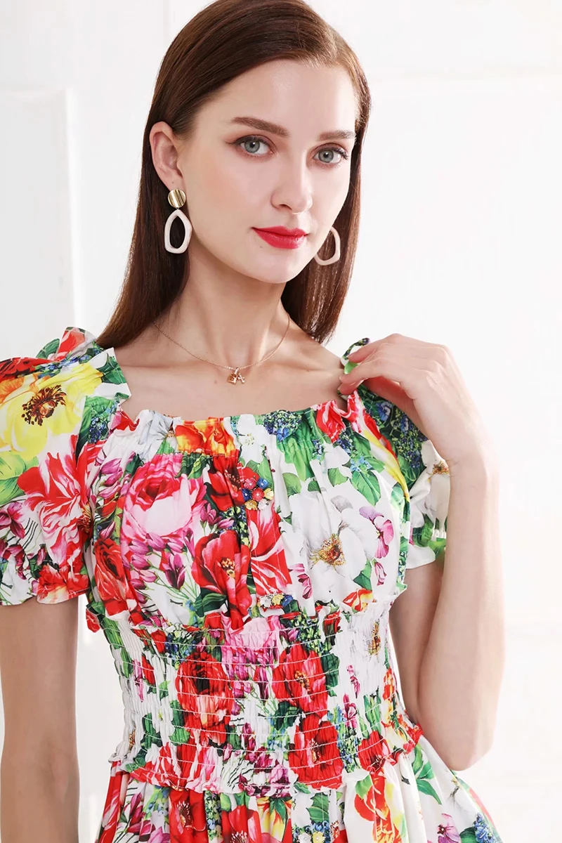 

MoaaYina Fashion Designer Dress Summer Women Puff Sleeve Button Slash neck Floral-Print Elastic waist Elegant Dress