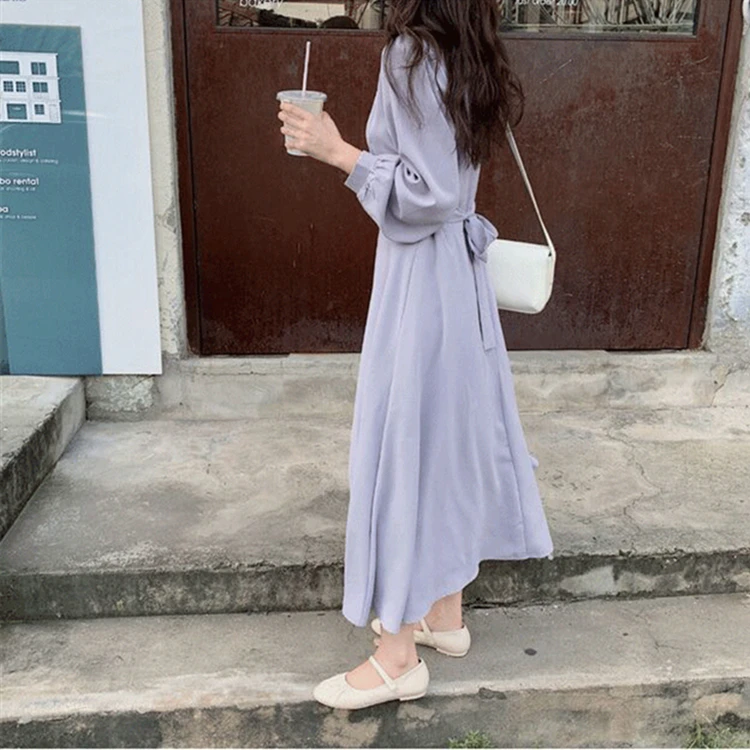

Spring Autumn Women Dresses V-Neck Lace Up High Waist Solid Oversize Korean Elegant Vintage Ladies Midi Dresses 2021New