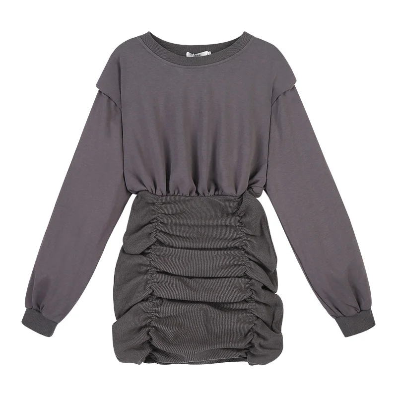 Женское платье с длинным рукавом серая облегающая короткая юбка на бедрах модель