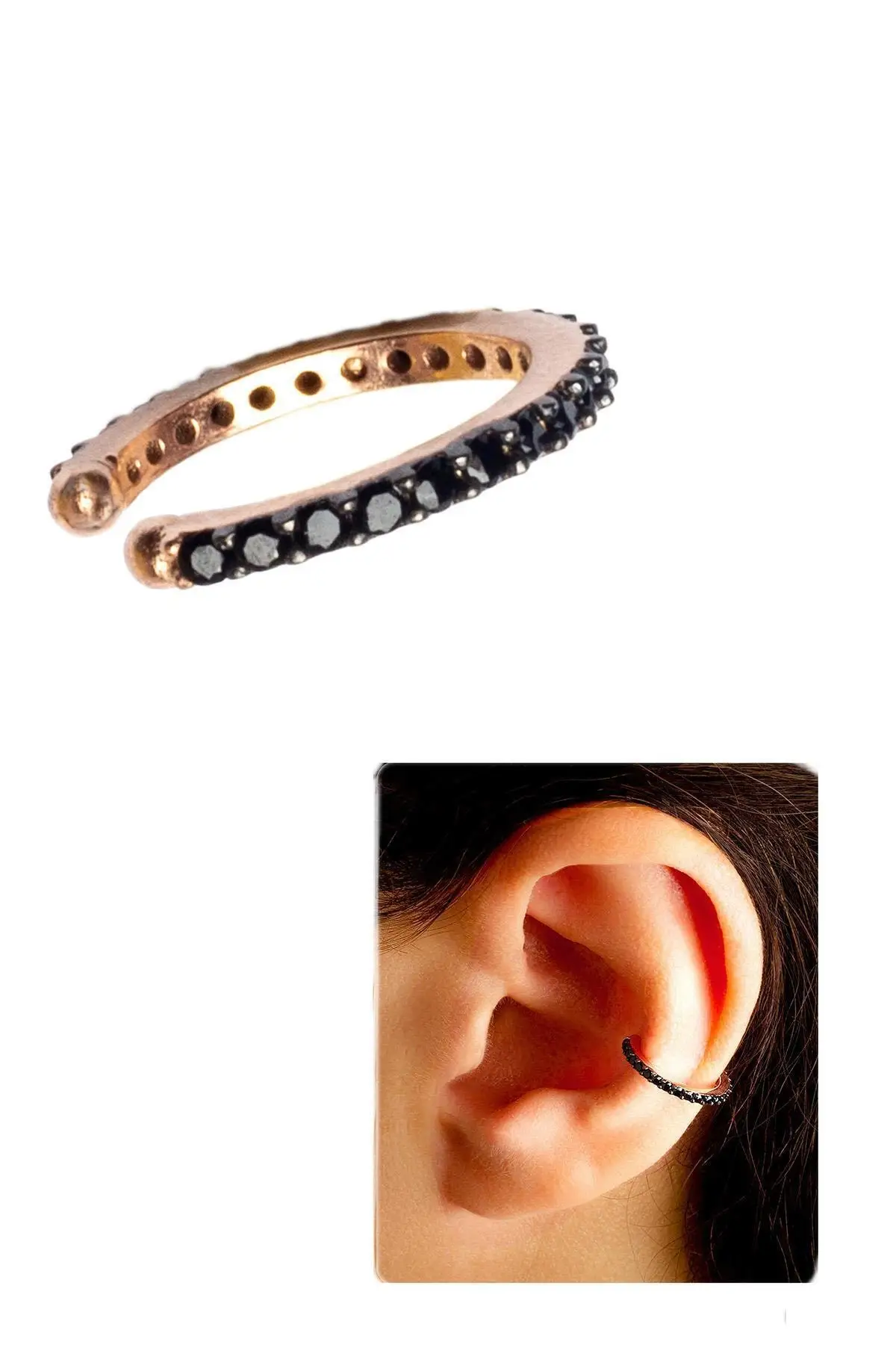 

Black Zircon Stone Ringed Silver Single Cartilage Earrings Tarnish Silver C-shaped Earcuffs Without Piercing Hole