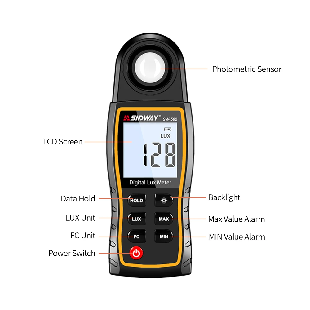 SNDWAY SW-582 Digital Lux Meter LCD Display Handheld Auto Range Luminometer Photometer Luxmeter Light 0-199 900 | Инструменты